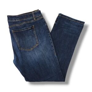 Cabi Slim Boyfriend Jeans Distressed Mid Rise Tapered Dark Wash Stretch Denim 14